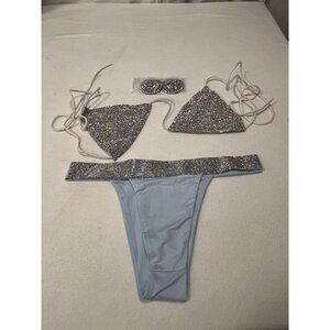 Hot & Delicious Rhinestone Bikini Set Festival Swimwear Silver Size L